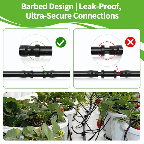 Comparison of secure and insecure connections in 240 Piece Drip Irrigation Kit For Quarter Inch Tubing Includes Misting Nozzles Drippers Stakes Tees Elbows Plugs And More For Easy Diy Garden Irrigation System Upgrade, showing barbed design in use with garden planters.