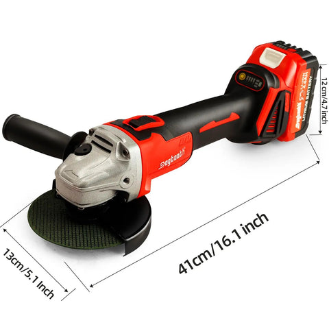Beast Brushless Cordless Angle Grinder with 21V Battery and Fast Charger, shown at 41cm length, includes grinding disc for metal and wood.