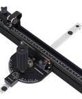 GOINGMAKE compact table saw miter gauge with 360mm fence and flip stop; angled view, black metal with ruler scale