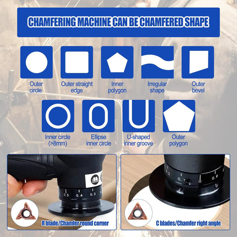 Handheld Pneumatic Chamfering Tool With Adjustable Angle For 45 Degree Arc Corner Deburring On Metal And Wood showing blade shapes.