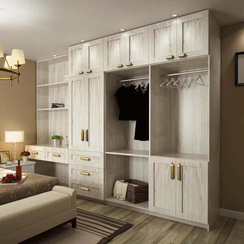 Wooden built-in bedroom wardrobe with Antique Brass Zinc Alloy Cup Drawer Pulls Set of 6 For Kitchen Cabinets and Drawers, 5 Inch 128 Millimeter Hole Center Cup Handles With M4 Screws, Includes Two Screws Per Pull, Durable Classic Cabinet Hardware.