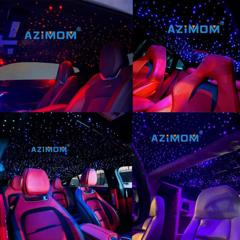 Bluetooth Control 10W RGBW Twinkle Fiber Optic Star Ceiling Light Kit in car interior, showcasing colorful starry effects on ceiling.
