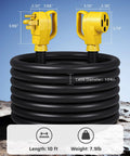 Heavy Duty 50 Amp RV Extension Cord 10 Feet NEMA 14 50P To 14 50R Copper Wire 6 AWG 3C And 8 AWG 1C 125 And 250 VAC Outdoor STW Waterproof Power Cable For RVs Campers ETL Listed Yellow coiled with dimensions.