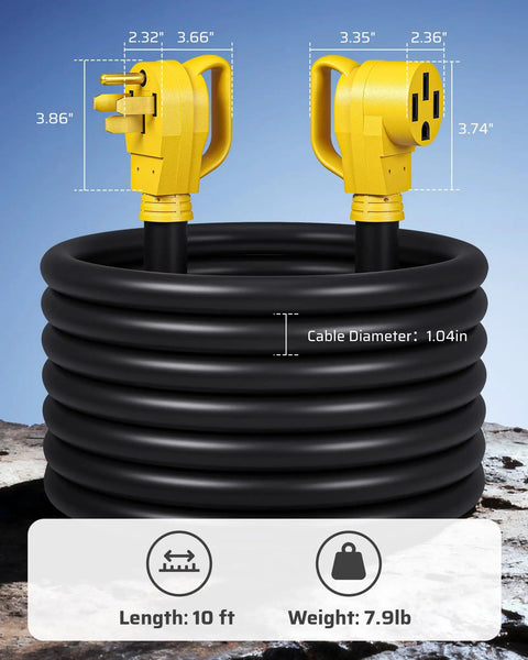 Heavy Duty 50 Amp RV Extension Cord 10 Feet NEMA 14 50P To 14 50R Copper Wire 6 AWG 3C And 8 AWG 1C 125 And 250 VAC Outdoor STW Waterproof Power Cable For RVs Campers ETL Listed Yellow coiled with dimensions.