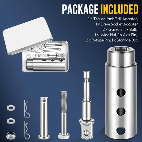 Package contents for High Performance Trailer Jack Drill Adapter With 1 Inch Drive Shaft And Half Inch Socket Size For RV And Truck Campers.