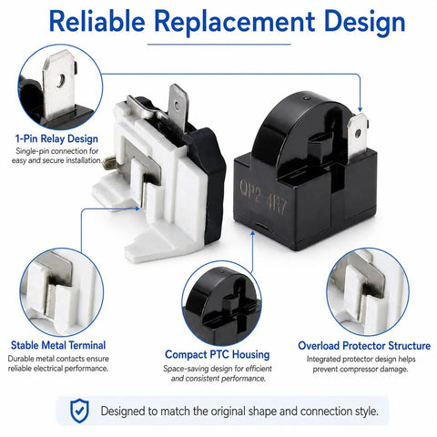 4.7 Ohm One Pin Refrigerator Starter Relay Kit With Overload Protector One Half HP For Danby Vissani Refrigerators QP2-4R7