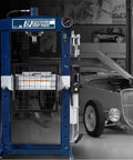 Badass 30 Ton Manual Shop Press With Quick Pump And Foot Pedal For Metal Bending Stamping Straightening Built Like A Tank For Serious Auto Work, showcasing H-frame design and gauge.