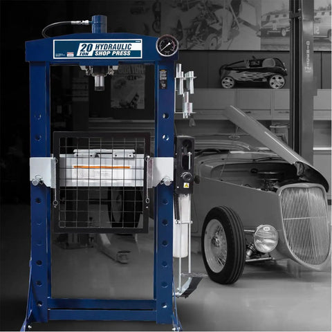 Badass 30 Ton Manual Shop Press With Quick Pump And Foot Pedal For Metal Bending Stamping Straightening Built Like A Tank For Serious Auto Work, showcasing H-frame design and gauge.