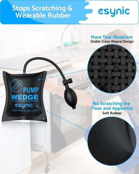 Close-up view of a black air wedge bag with pump, showing tear-resistant weave and soft rubber for lifting heavy objects.
