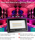 RGBW 25W LED Flood Light Color Changing 16 Million Colors IP66 Indoor Outdoor Uplighting All In One For Events Weddings Parties Stage Lighting 250W Equivalent Warm White 2700K With Remote featuring real and natural lighting effects in a grand hall setup.