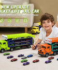 Child playing with Foldable Two Layer Car Carrier Truck with 33 inch Race Track and Six Metal Cars, perfect birthday gift.