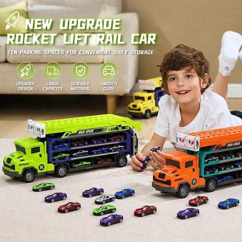 Child playing with Foldable Two Layer Car Carrier Truck with 33 inch Race Track and Six Metal Cars, perfect birthday gift.