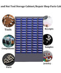 Built Tough 100 Drawer Steel Parts Cabinet With Easy Glide Trays And Included Labels For Sorting Bolts Nuts Screws And Hobby Tools Straight From The Shop, displaying blue drawers and tools.