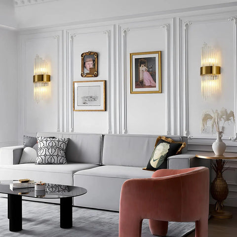 Gold Crystal Wall Sconce With Modern Vibe, Sleek Glass Rods And Stainless Steel Base in elegant living room setting