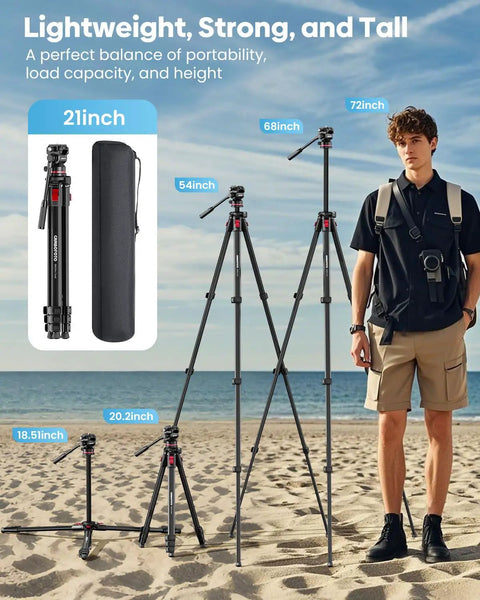 Demonstration of 68 Inch Fluid Head Camera Tripod For DSLR Camcorders Binoculars Spotting Scope Telescopes with various heights against a beach backdrop