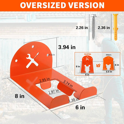 Diagram of 8-Inch Vertical Trimmer Rack Wall Mount Heavy Duty Garden Tool Hanger For Garage Wall Organizer in orange, with dimensions and installation parts.