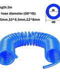 Heavy Duty PU Air Compressor Hose With Spiral Winding For Gas Pumps And Air Tools Badass Flex Handles High Pressure Everyday Use in blue color.