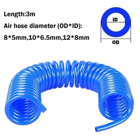 Heavy Duty PU Air Compressor Hose With Spiral Winding For Gas Pumps And Air Tools Badass Flex Handles High Pressure Everyday Use in blue color.