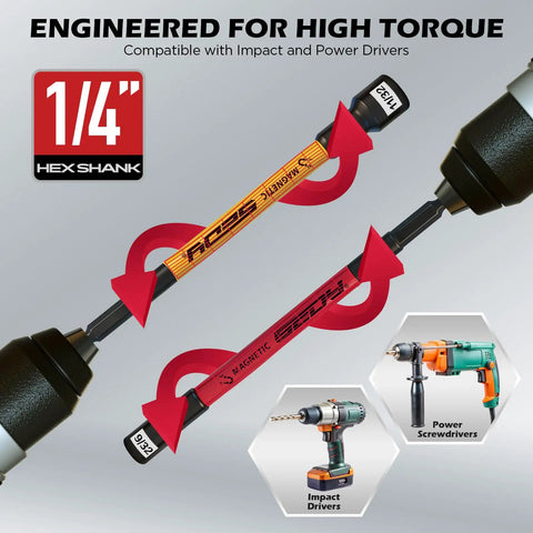 Extra Long Magnetic Nut Driver Set Dope Eleven Piece SAE One Quarter To Nine Sixteenth Inch Kit With Six Inch Nut Drivers PH Two Impact Bits Telescoping Magnetic Pickup Tool Magnetic Storage Rail One Quarter Inch Hex Shank S2 Steel For Automotive And