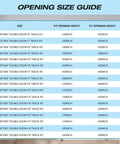 Opening size guide table for various double door track kits, listing sizes and fit opening dimensions in inches.
