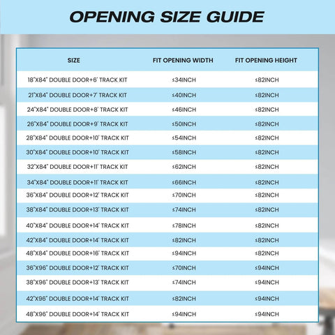 Opening size guide table for various double door track kits, listing sizes and fit opening dimensions in inches.