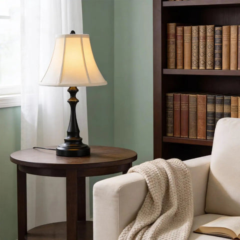 Three Piece Vintage Style Lamp Set With Bronze Finish And Brown Fabric Shades Includes Two Table Lamps And One Floor Lamp on table
