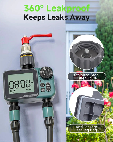 Two Zone Digital Sprinkler Timer For Garden Hose And Yard Irrigation with leakproof design and stainless steel filter.