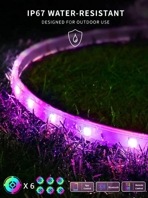 Outdoor LED Strip Lights Waterproof 100 Ft 6 Rolls Of 16Ft 4In IP65 Ultra Long RGB 5050 Color Changing with purple glow on grass