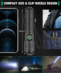Go To Pocket Size Tactical Flashlight With 8000 Lumens XHP50.2 LED shown with phone for size comparison and outdoor use