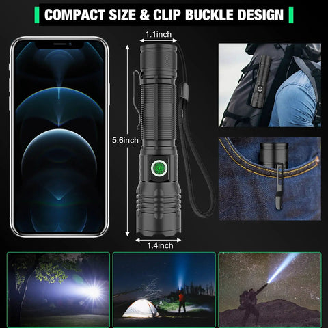 Go To Pocket Size Tactical Flashlight With 8000 Lumens XHP50.2 LED shown with phone for size comparison and outdoor use