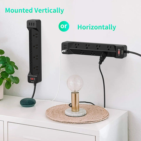 16.5 Foot Long Power Strip With Flat Plug Seven Wide Spaced Outlets And Three USB Ports Surge Protector mounted on wall
