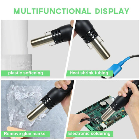Close-up of Hot Air Rework Station for Electronics Soldering with 500C, demonstrating plastic softening and heat shrink tubing.