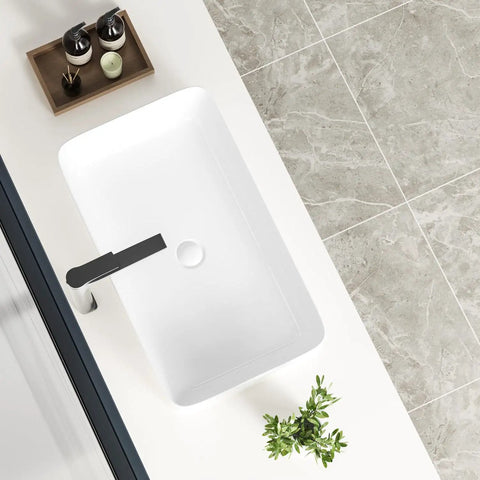 Top view of 24 Inch Countertop Vessel Sink For Bathroom, Modern Rectangular White Ceramic Basin, above counter design