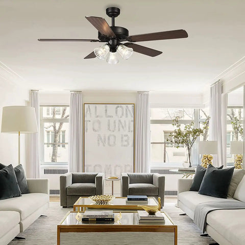 52 Inch Indoor Ceiling Fan With Light And Remote Control Reversible Walnut And Maple Blades Dope Copper Motor in a living room