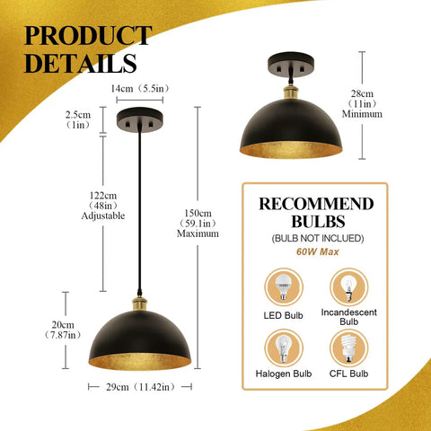Product dimensions and bulb recommendations for Boss Black And Gold Leaf Pendant Light With Handcrafted Metal Shade Vintage Ceiling Fixture.