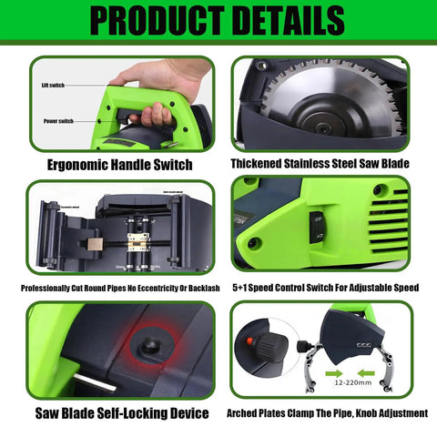 Heavy Duty Electric Pipe Cutter for Copper PVC Stainless Steel Aluminum and More, Precise Easy Cut Tool for Plumbing HVAC Automotive Gas Lines DIY Projects Shipyards and Pro Work. 12-220mm adjustable electric pipe cutter with stainless steel blade