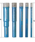 Front view of five blue diamond-coated dry drill bits for tile and stone, sizes 3/16 to 1/2 inch.