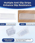 10 Pack Adjustable Furniture Levelers And Flexible Shims To Knock Out Pesky Wobbles On Couches Tables And Uneven House Floors With Strong Nonslip Grip Design showing front and back with anti-slip strips.