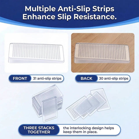 10 Pack Adjustable Furniture Levelers And Flexible Shims To Knock Out Pesky Wobbles On Couches Tables And Uneven House Floors With Strong Nonslip Grip Design showing front and back with anti-slip strips.
