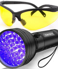 Vansky UV LED leak-detection flashlight with yellow safety glasses front view