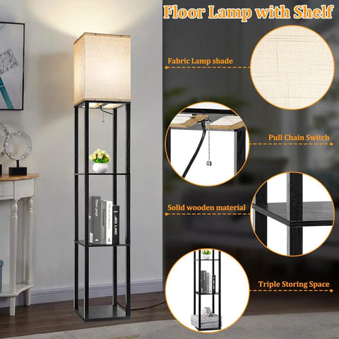 Cool Modern Floor Lamp With Shelves And Three Color LED Bulbs, Sturdy Wood Frame Floor Lamp For Living Room Bedroom And Office