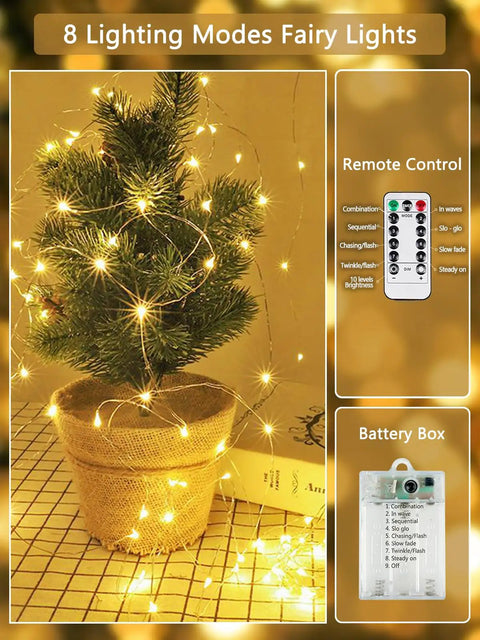 Potted tree with 78Ft 240 LED Fairy Lights Battery Operated With Timer And Remote, Waterproof Twinkle Lights for indoor use