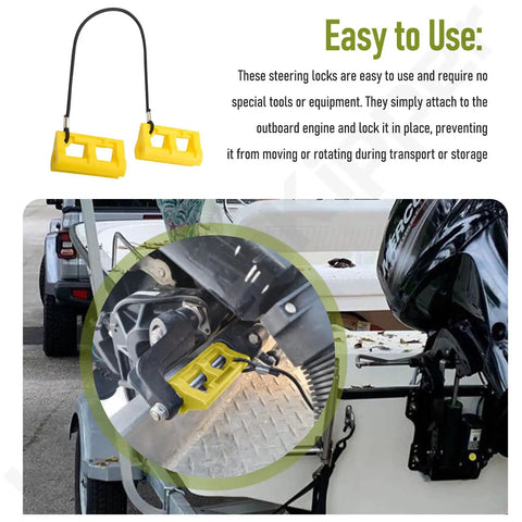 4 Inch Outboard Hydraulic Steering Lock for Easy Install Safe Trailering and Transport Boat Motor Steering Clips attached to engine