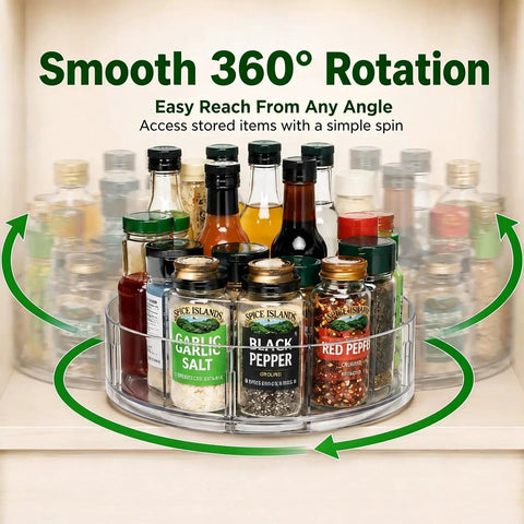 Four Pack 10.5 Inch Lazy Susan Organizers Smooth Operator Turntable Trays With Heavy Duty Non Slip Base, clear tray with spices in a pantry.