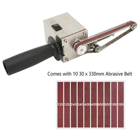 Heavy Duty Mini Belt Sander Workhorse Packing 150 Watt Brass Core Motor And Quick Shift Speed Dial showcasing abrasive belts for detailed sanding.