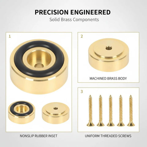 4 Brass Cutting Board Feet With Nonslip Pads And Silicone Rubber Bases For Speaker Amplifiers, screws visible in image.