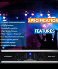 Powerhouse 2 Channel 2000W Professional Amplifier For DJ PA System And Home Audio with features list in club setting