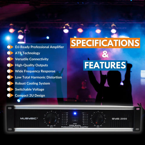 Powerhouse 2 Channel 2000W Professional Amplifier For DJ PA System And Home Audio with features list in club setting