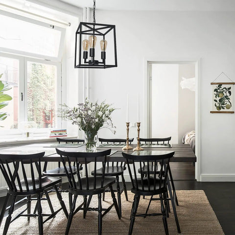 Industrial Farmhouse Plug In Pendant Light With 16.9ft Cord, Black Square Chandelier for Dining Room