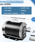 Half HP 115V 1725 RPM 48 Frame Blower Motor Replacement For AO Smith GF2054 with specifications and dimensions shown